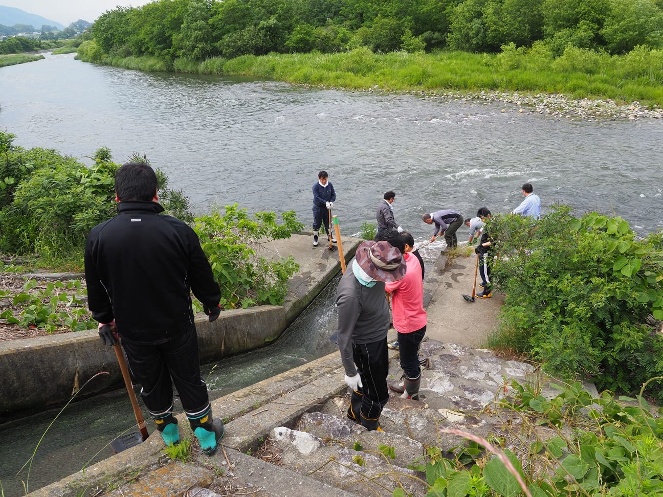 長野事業場と天竜川を結ぶ水路の清掃活動