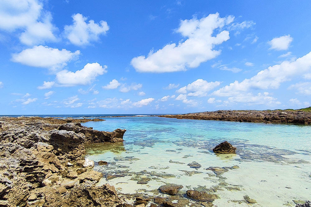青空の下に広がる隆起サンゴ礁の海岸風景。透明度の高いエメラルドグリーンの浅瀬に岩礁が点在している。